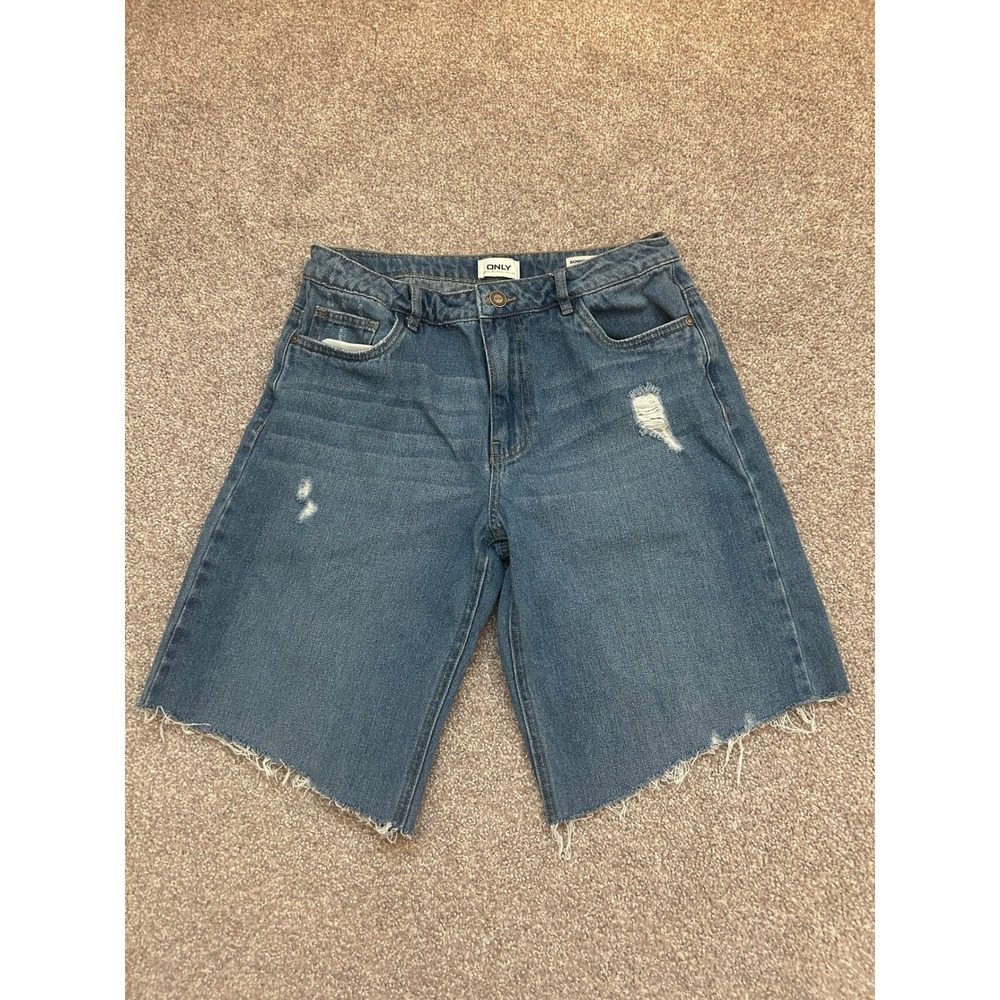 ONLY Sonny Denim Shorts Womens 28 Blue Good Distressed Raw Hem High Waist Wide